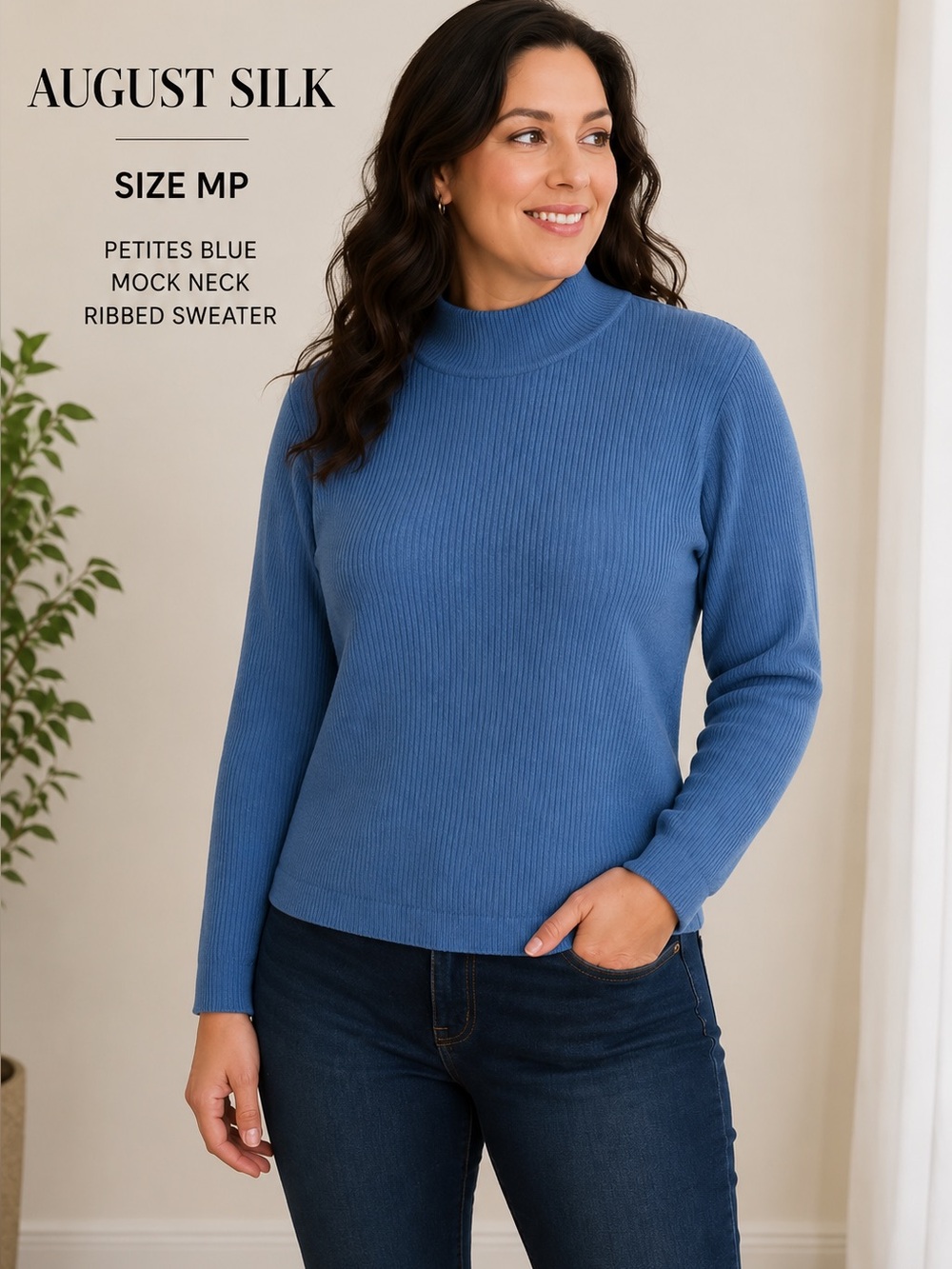 August Silk Petites Blue Mock Neck Ribbed minimalist Sweater Women's size  MP